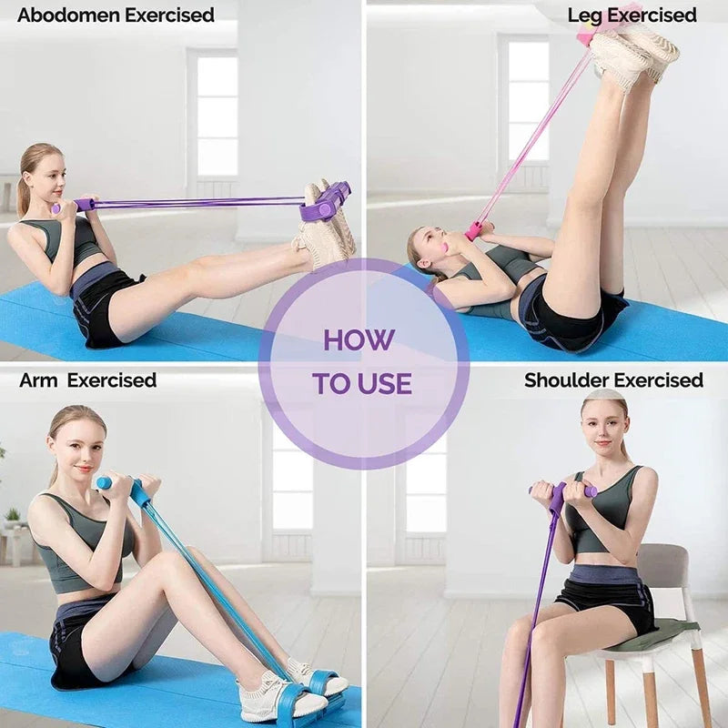 Multifunction Tension Rope 4-Tube Elastic Yoga Pedal Puller Resistance Band Tension Rope for Leg Stretching Slimming Training